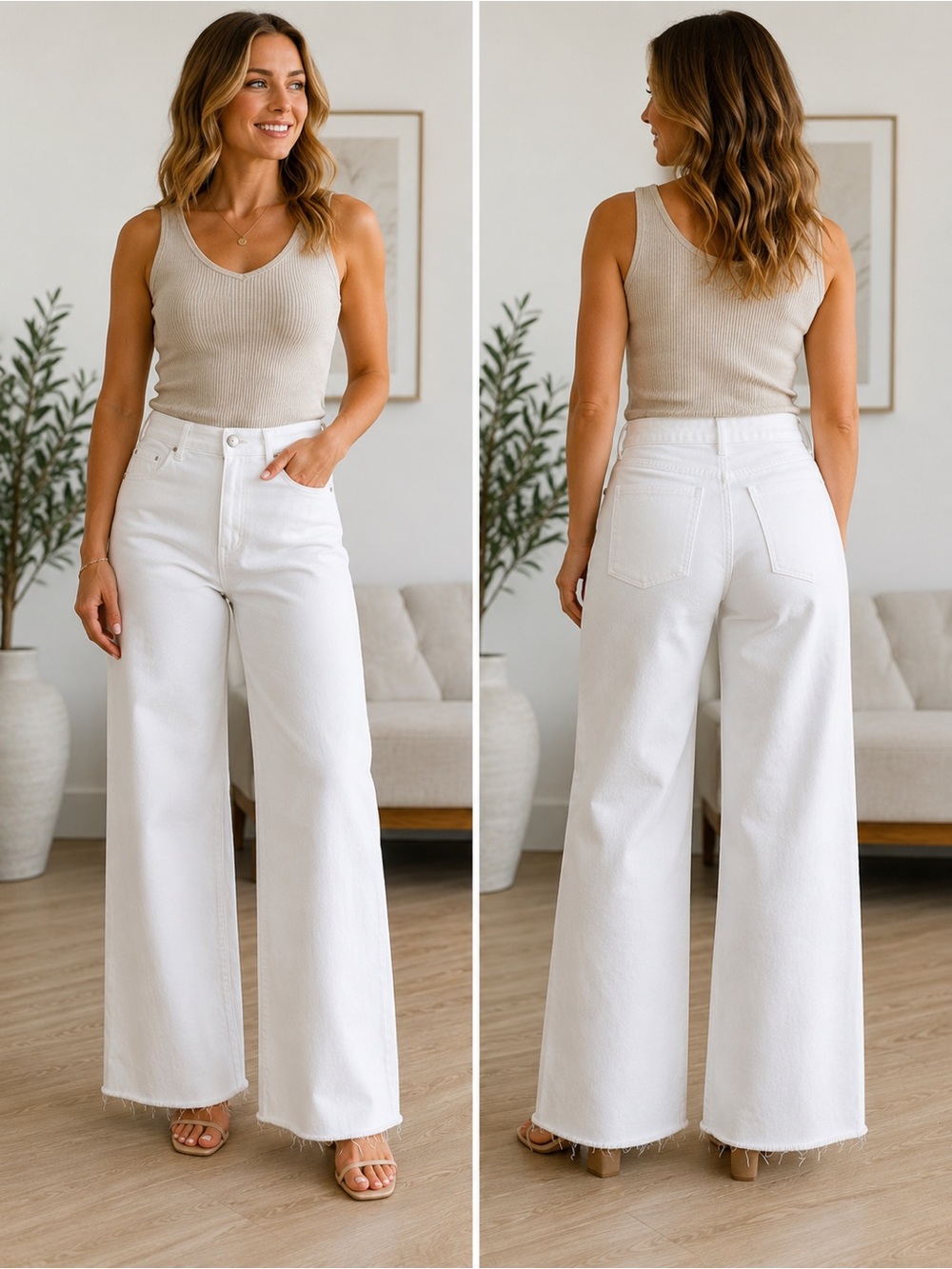 Zara White High Rise Wide Leg Jeans Raw Hem Size 36 US 4